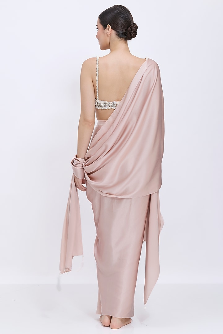 Light Mushroom Blended Satin Draped Skirt Set by Dilnaz Karbhary at Pernia's Pop Up Shop