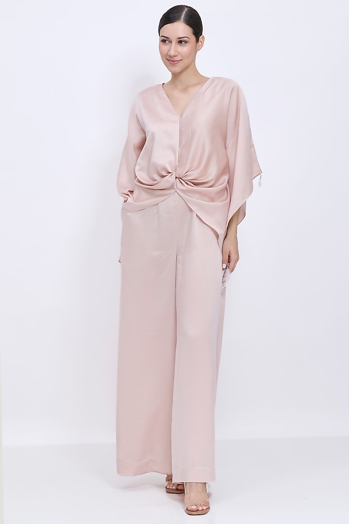 Light Mushroom Blended Satin Jumpsuit with Kaftan by Dilnaz Karbhary at Pernia's Pop Up Shop
