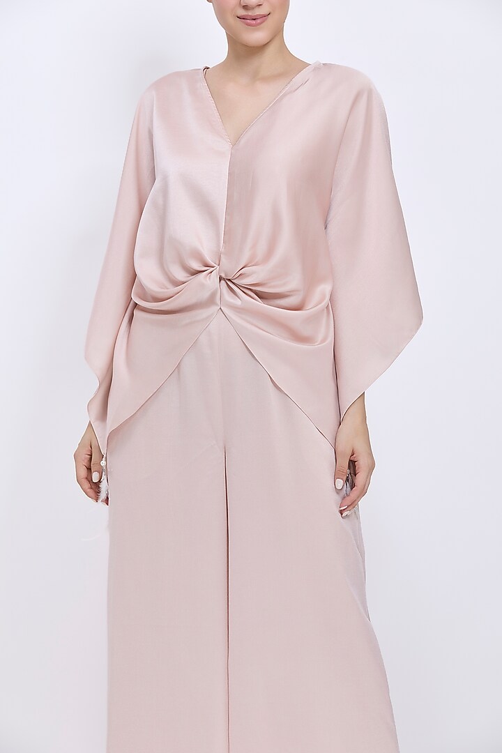 Light Mushroom Blended Satin Jumpsuit with Kaftan by Dilnaz Karbhary at Pernia's Pop Up Shop