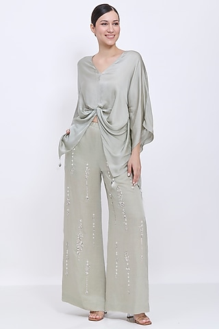 Ash Grey Blended Linen Trousers by Dilnaz Karbhary