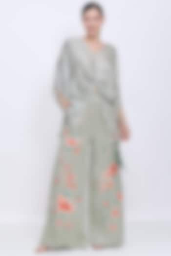 Ash Grey Blended Satin Draped Kaftan by Dilnaz Karbhary at Pernia's Pop Up Shop