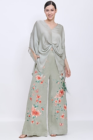 Ash Grey Blended Satin Draped Kaftan by Dilnaz Karbhary