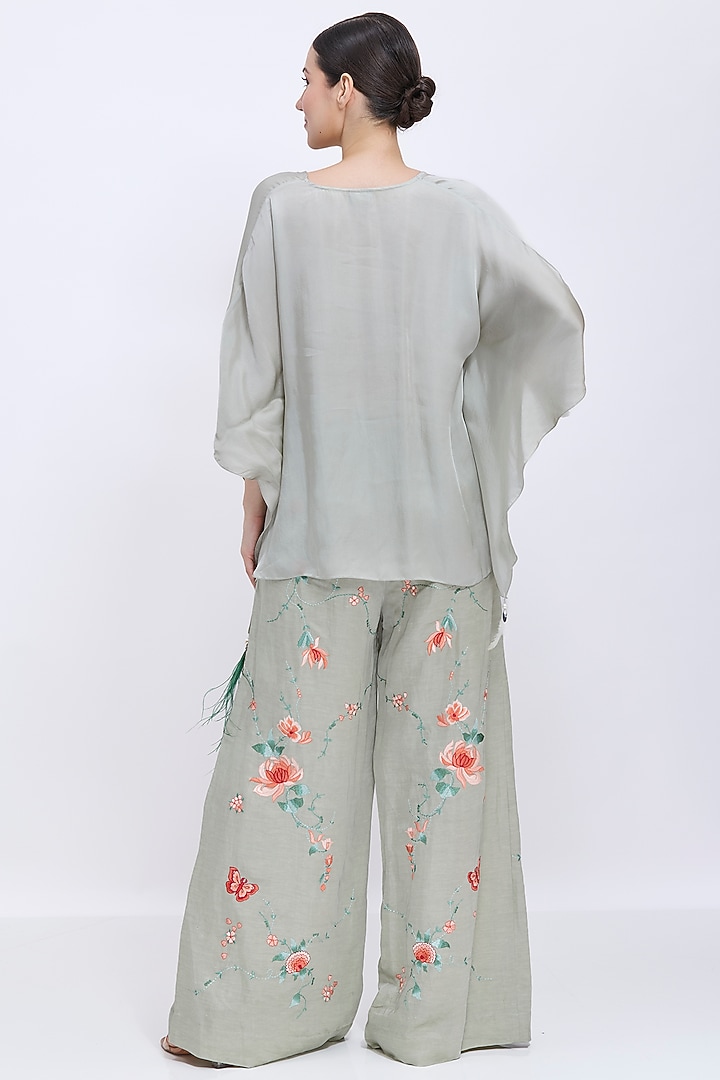 Ash Grey Blended Satin Draped Kaftan by Dilnaz Karbhary at Pernia's Pop Up Shop