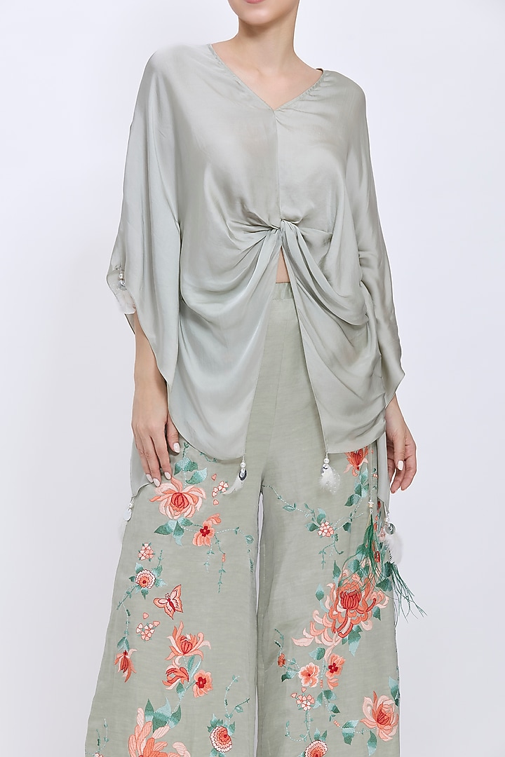 Ash Grey Blended Satin Draped Kaftan by Dilnaz Karbhary at Pernia's Pop Up Shop