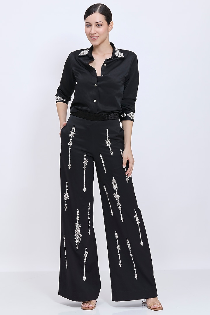 Black Velvet Motif Embroidered Pant Set by Dilnaz Karbhary at Pernia's Pop Up Shop