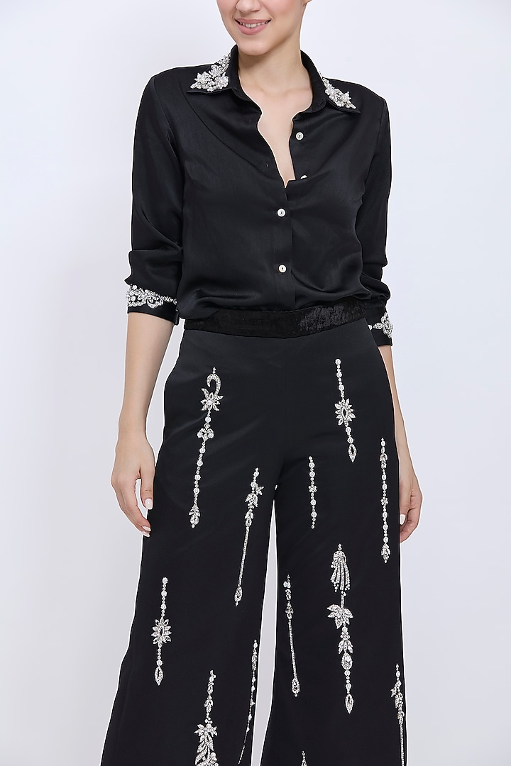 Black Velvet Motif Embroidered Pant Set by Dilnaz Karbhary at Pernia's Pop Up Shop