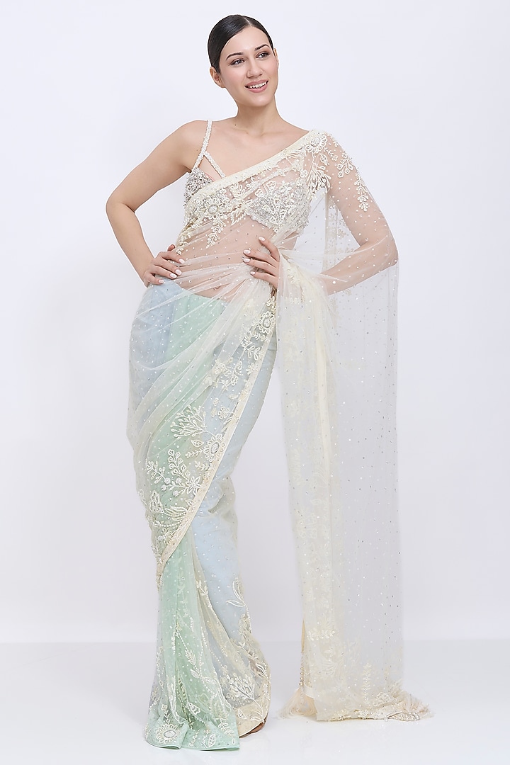 Multi-Colored Shaded Net Hand Embroidered Reception Saree by Dilnaz Karbhary at Pernia's Pop Up Shop