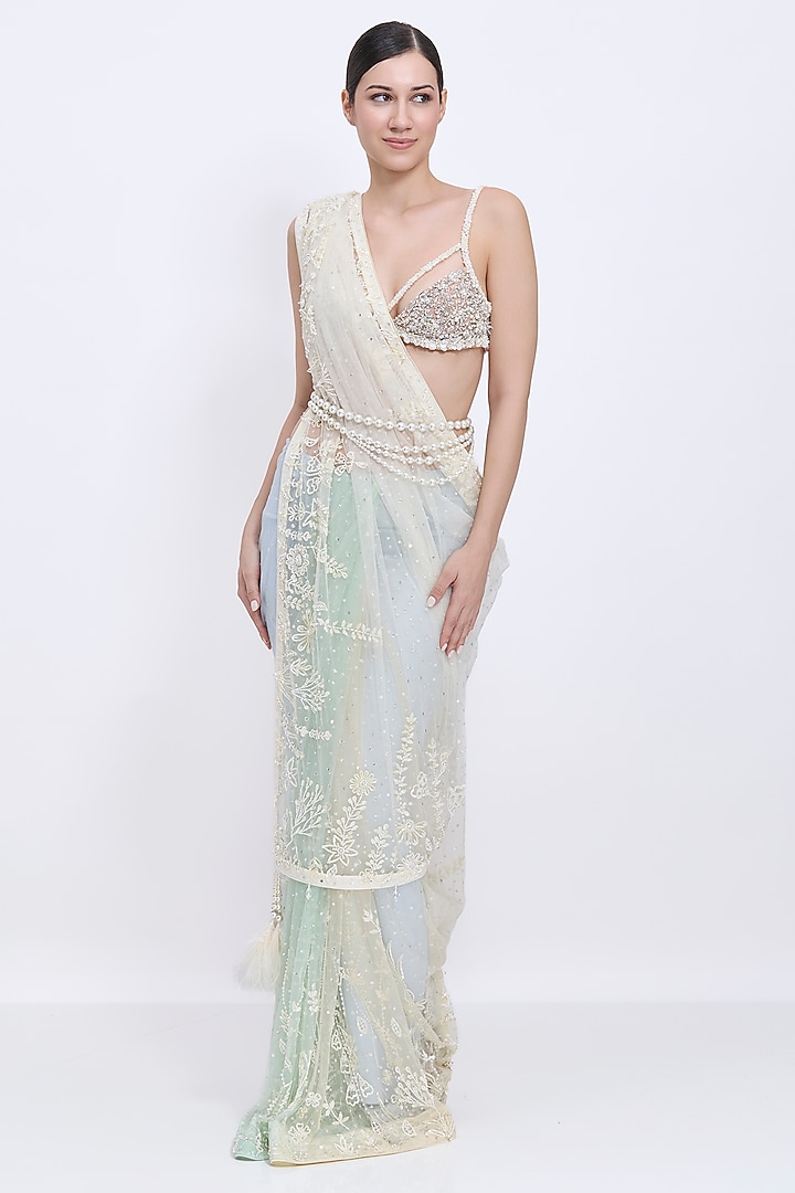 Multi-Colored Shaded Net Hand Embroidered Reception Saree by Dilnaz Karbhary at Pernia's Pop Up Shop