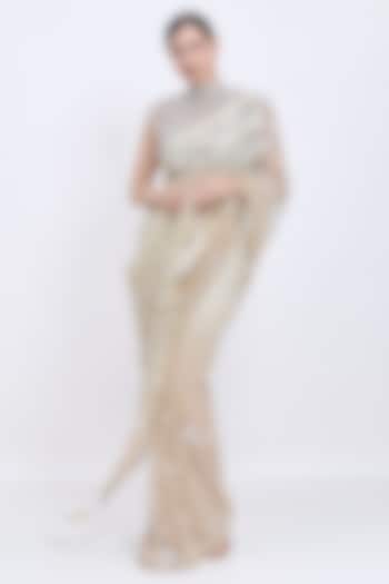 Cream-Khaki Gold Net Hand Embroidered Bridal Saree by Dilnaz Karbhary at Pernia's Pop Up Shop