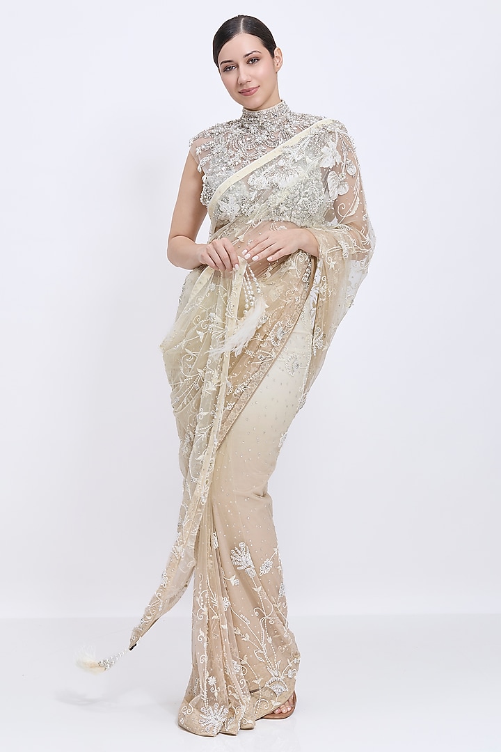 Cream-Khaki Gold Net Hand Embroidered Bridal Saree by Dilnaz Karbhary at Pernia's Pop Up Shop