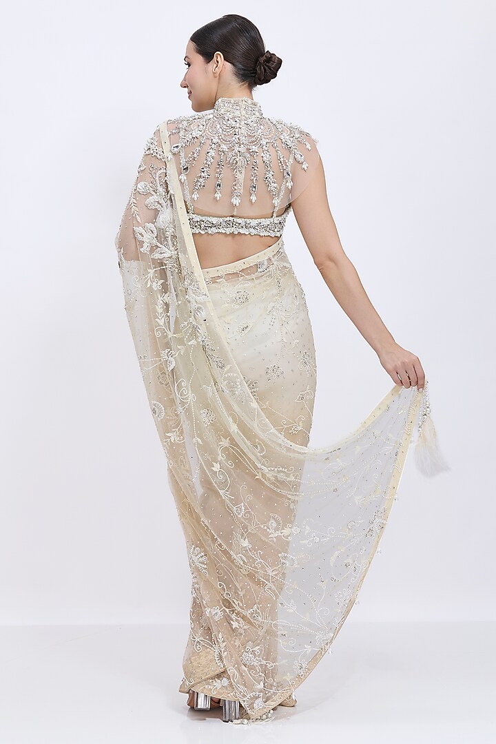 Cream-Khaki Gold Net Hand Embroidered Bridal Saree by Dilnaz Karbhary at Pernia's Pop Up Shop