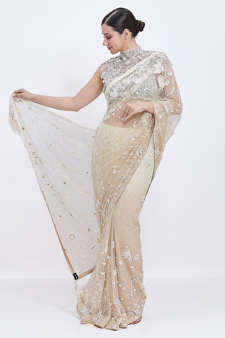 Cream-Khaki Gold Net Hand Embroidered Bridal Saree by Dilnaz Karbhary at Pernia's Pop Up Shop