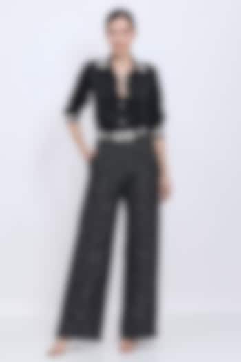 Black Tweed & Polyester Satin Hand Embroidered Trousers by Dilnaz Karbhary at Pernia's Pop Up Shop