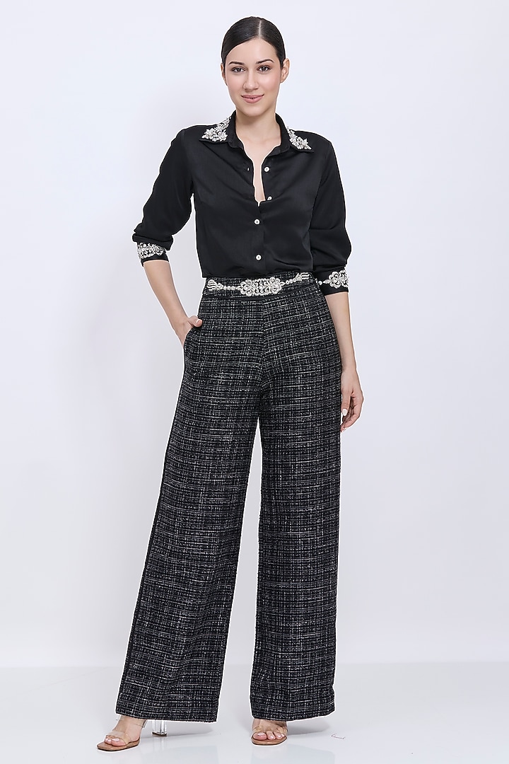Black Tweed & Polyester Satin Hand Embroidered Trousers by Dilnaz Karbhary at Pernia's Pop Up Shop