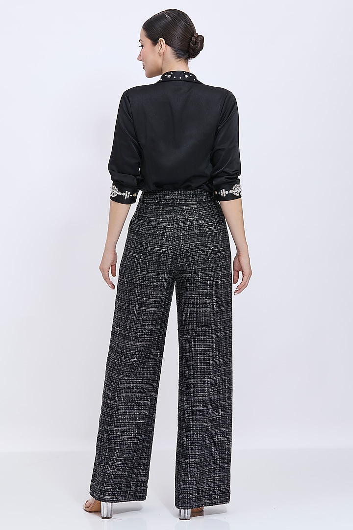 Black Tweed & Polyester Satin Hand Embroidered Trousers by Dilnaz Karbhary at Pernia's Pop Up Shop