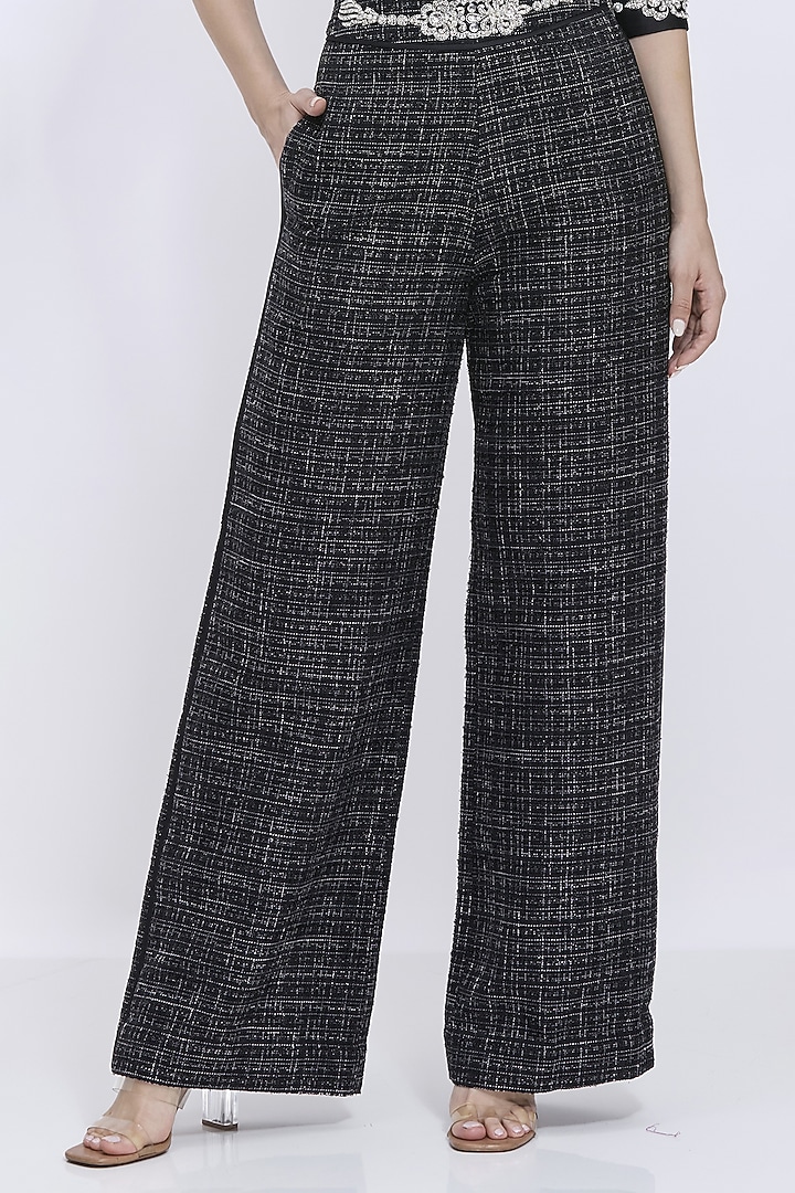 Black Tweed & Polyester Satin Hand Embroidered Trousers by Dilnaz Karbhary at Pernia's Pop Up Shop