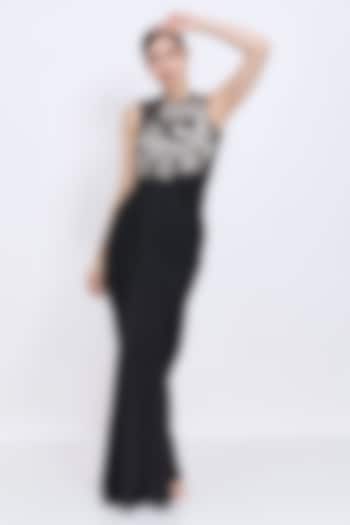 Black Blended Satin & Polyester Satin Draped Engagement Gown by Dilnaz Karbhary at Pernia's Pop Up Shop