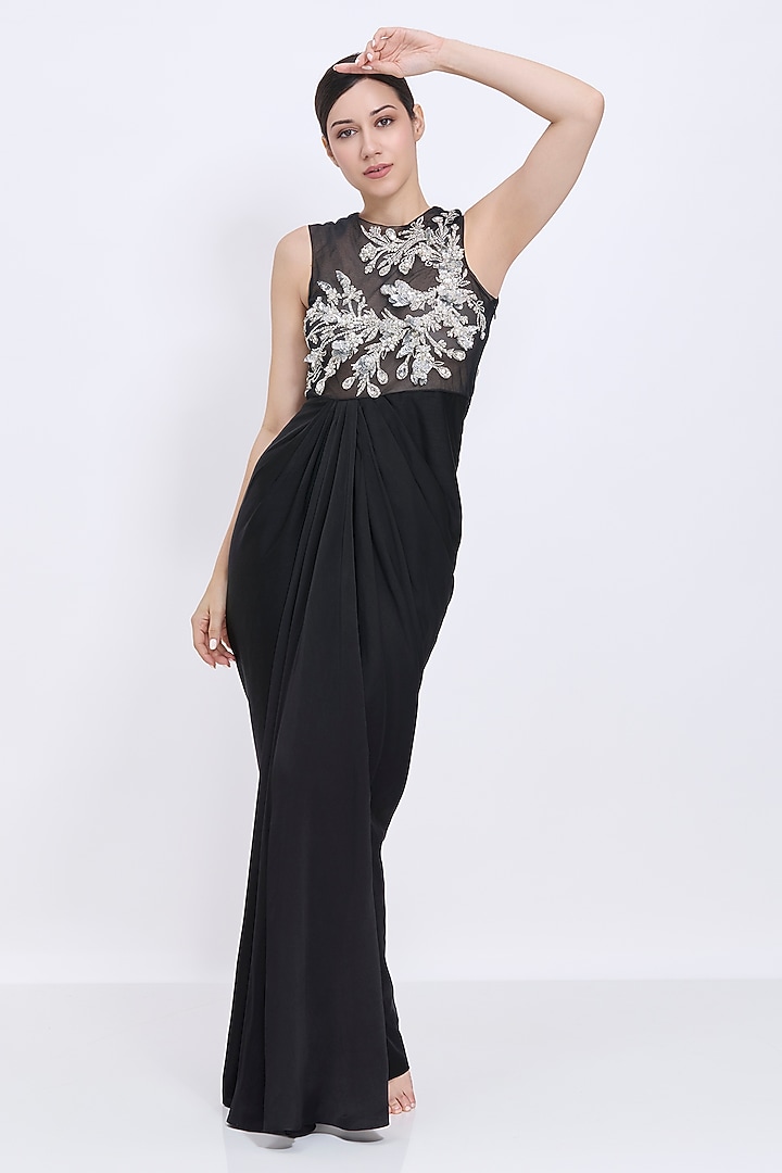 Black Blended Satin & Polyester Satin Draped Engagement Gown by Dilnaz Karbhary at Pernia's Pop Up Shop