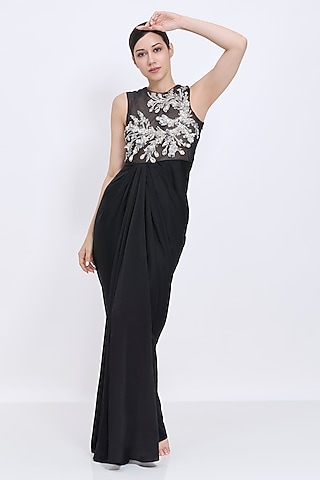 Black Blended Satin & Polyester Satin Draped Gown by Dilnaz Karbhary