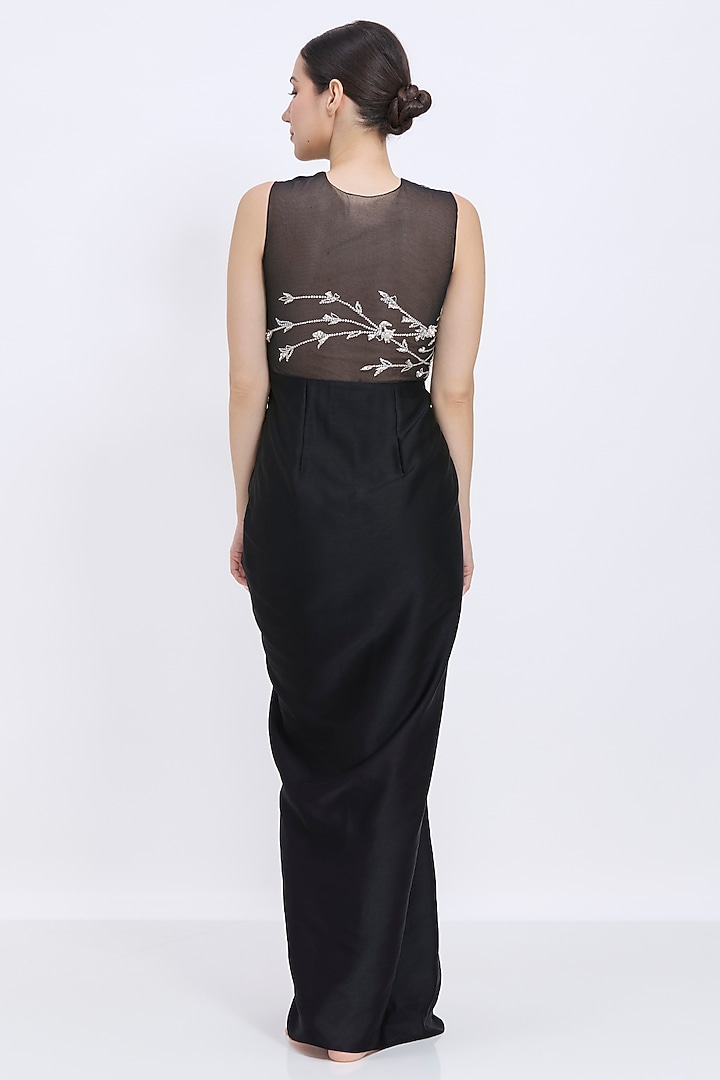 Black Blended Satin & Polyester Satin Draped Engagement Gown by Dilnaz Karbhary at Pernia's Pop Up Shop