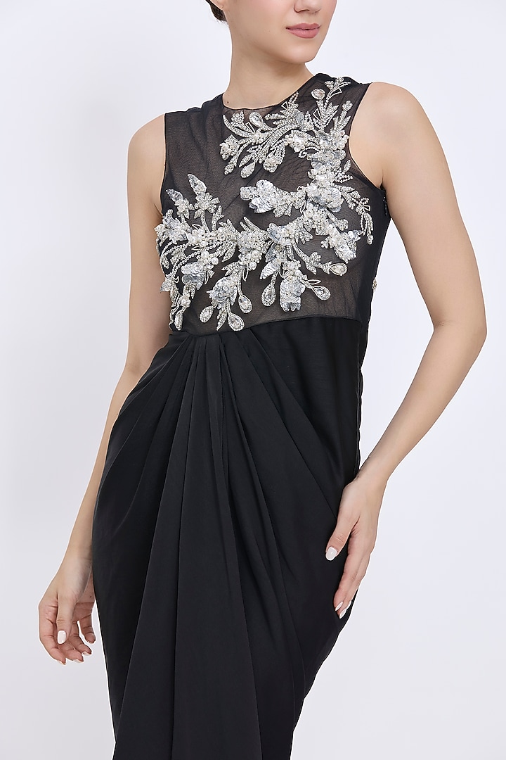 Black Blended Satin & Polyester Satin Draped Engagement Gown by Dilnaz Karbhary at Pernia's Pop Up Shop