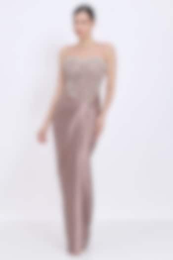 Mocha-Colored Blended Satin & Polyester Satin Draped Engagement Gown by Dilnaz Karbhary at Pernia's Pop Up Shop