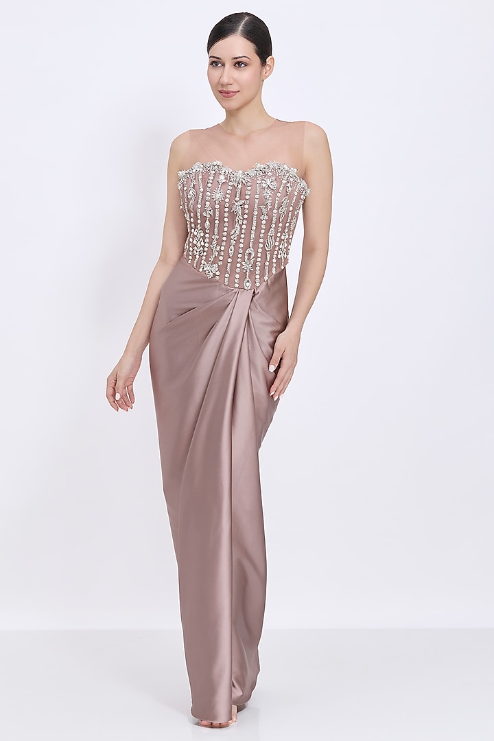 Mocha-Colored Blended Satin & Polyester Satin Draped Engagement Gown by Dilnaz Karbhary at Pernia's Pop Up Shop