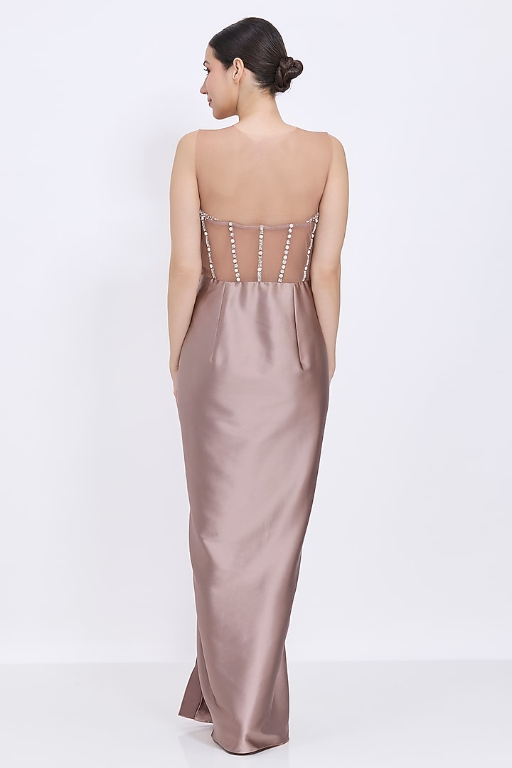 Mocha-Colored Blended Satin & Polyester Satin Draped Engagement Gown by Dilnaz Karbhary at Pernia's Pop Up Shop