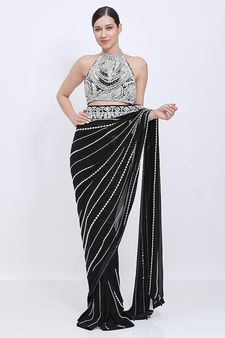 Black Net & Polyester Satin Hand Embroidered Blouse by Dilnaz Karbhary at Pernia's Pop Up Shop