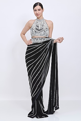 Black Net & Polyester Satin Hand Embroidered Blouse by Dilnaz Karbhary