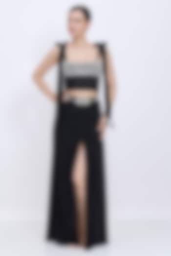 Black Lycra & Polyester Satin Draped Skirt by Dilnaz Karbhary at Pernia's Pop Up Shop