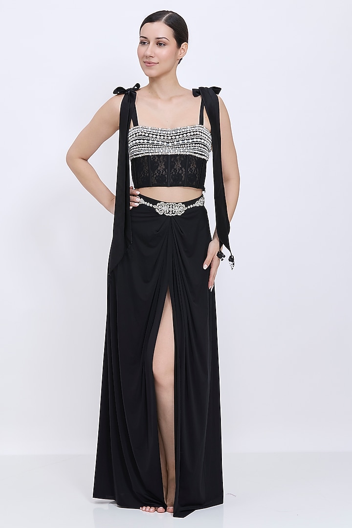 Black Lycra & Polyester Satin Draped Skirt by Dilnaz Karbhary at Pernia's Pop Up Shop