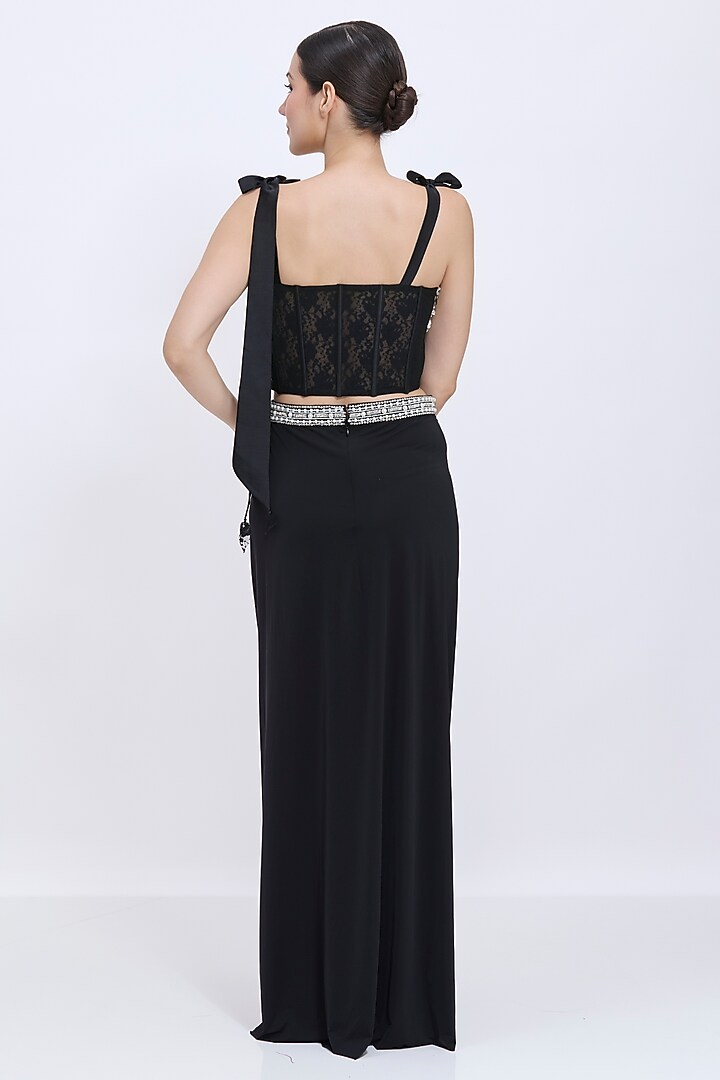 Black Lycra & Polyester Satin Draped Skirt by Dilnaz Karbhary at Pernia's Pop Up Shop