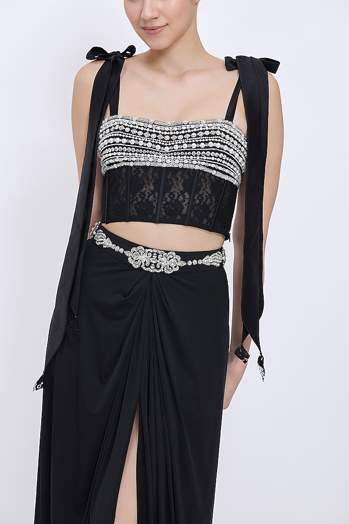 Black Lycra & Polyester Satin Draped Skirt by Dilnaz Karbhary at Pernia's Pop Up Shop