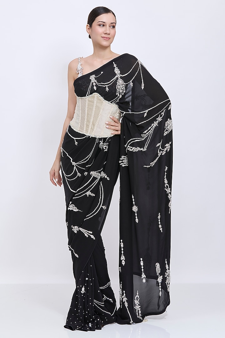 Ivory-Beige Lace & Polyester Satin Waist Corset by Dilnaz Karbhary at Pernia's Pop Up Shop