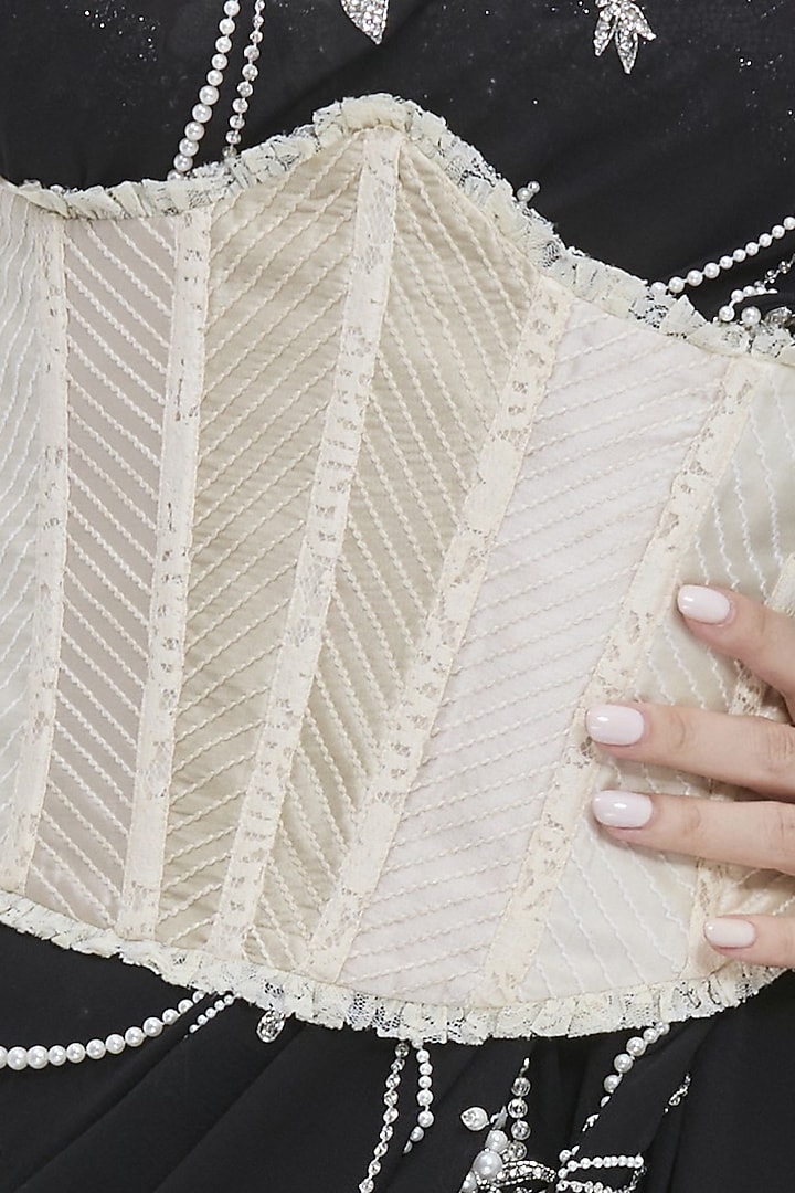 Ivory-Beige Lace & Polyester Satin Waist Corset by Dilnaz Karbhary at Pernia's Pop Up Shop