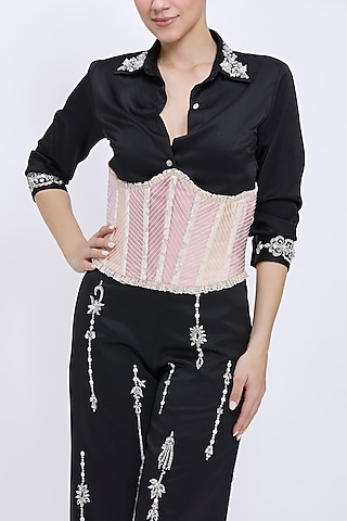 Pale Salmon-Colored & Ivory Polyester Satin Waist Corset Belt by Dilnaz Karbhary