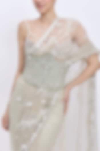 Ash Grey Net & Polyester Satin Hand Embroidered Waist Corset Belt by Dilnaz Karbhary at Pernia's Pop Up Shop