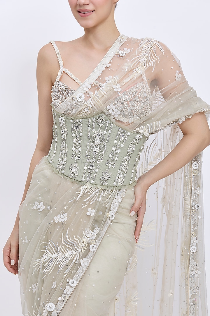 Ash Grey Net & Polyester Satin Hand Embroidered Waist Corset Belt by Dilnaz Karbhary at Pernia's Pop Up Shop