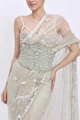 Ash Grey Net & Polyester Satin Hand Embroidered Waist Corset Belt by Dilnaz Karbhary