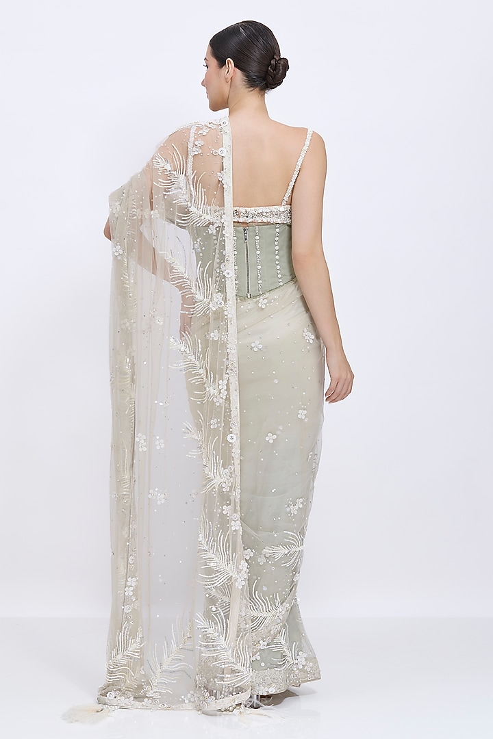 Ash Grey Net & Polyester Satin Hand Embroidered Waist Corset Belt by Dilnaz Karbhary at Pernia's Pop Up Shop