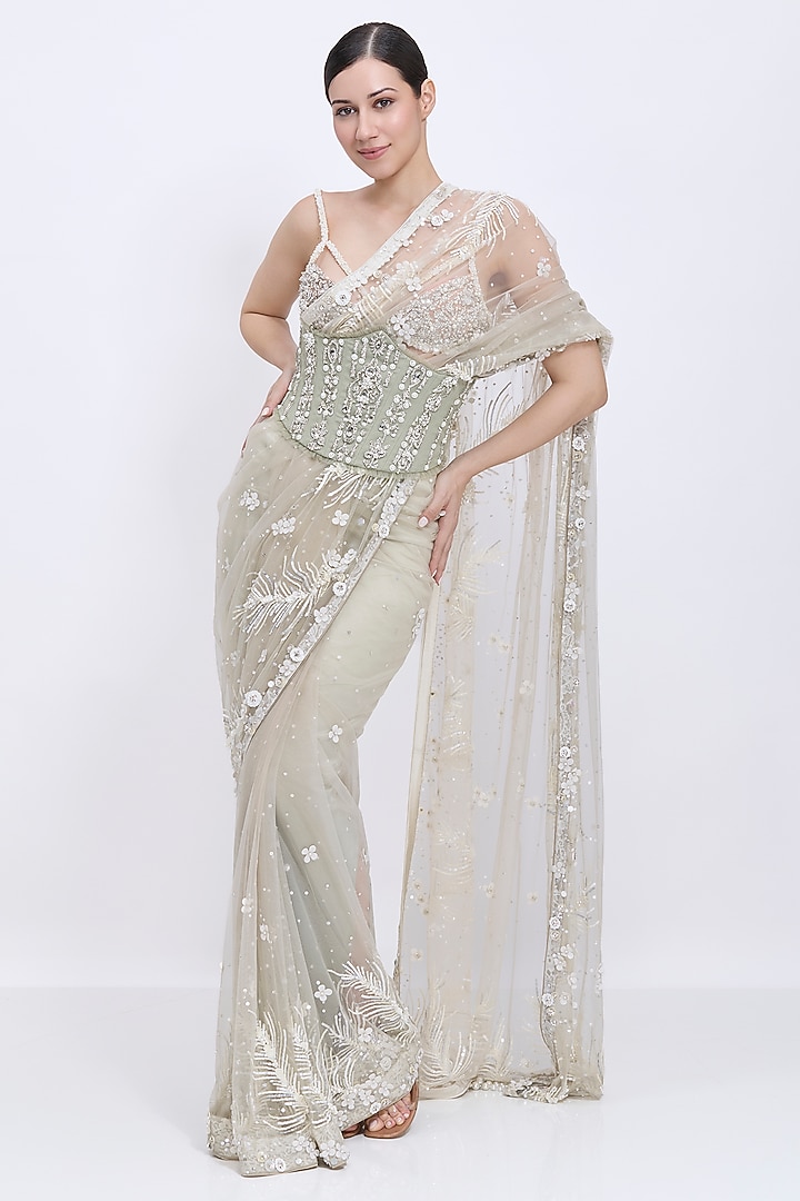 Ash Grey Net & Polyester Satin Hand Embroidered Waist Corset Belt by Dilnaz Karbhary at Pernia's Pop Up Shop