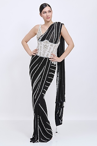 Ivory Net & Polyester Satin Waist Corset by Dilnaz Karbhary