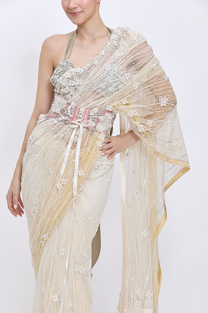 Old Rose Net & Polyester Satin Hand Embroidered Waist Corset Belt by Dilnaz Karbhary at Pernia's Pop Up Shop