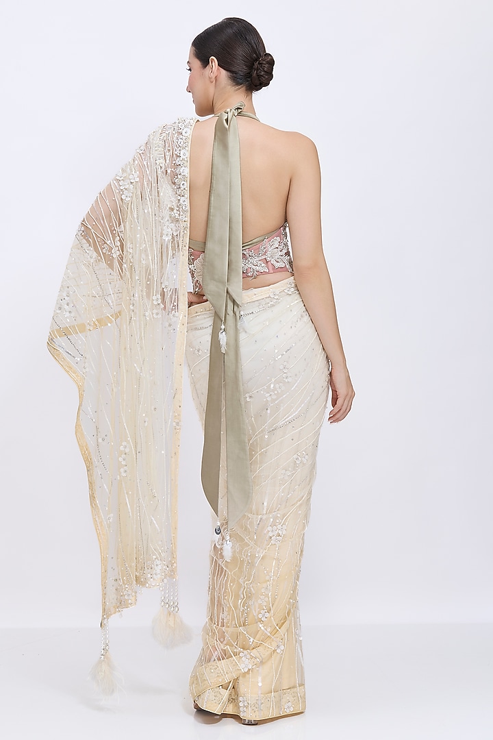 Old Rose Net & Polyester Satin Hand Embroidered Waist Corset Belt by Dilnaz Karbhary at Pernia's Pop Up Shop