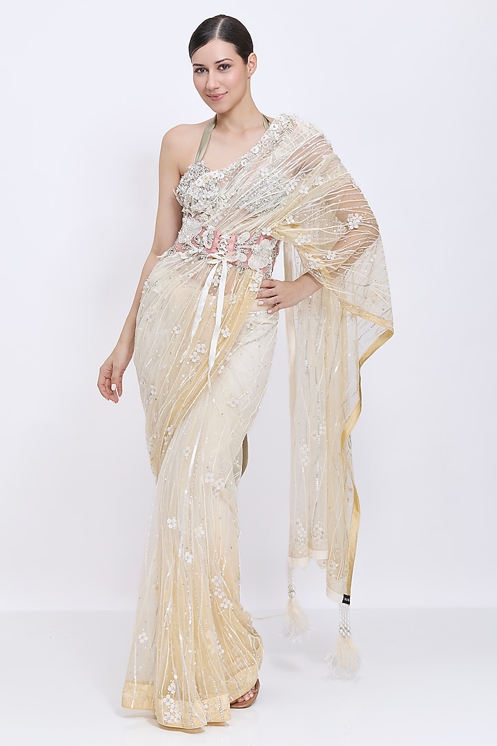 Old Rose Net & Polyester Satin Hand Embroidered Waist Corset Belt by Dilnaz Karbhary at Pernia's Pop Up Shop