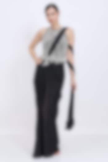 Black Polyester Satin & Stretch Lycra Draped Embroidered Wedding Saree Gown by Dilnaz Karbhary at Pernia's Pop Up Shop