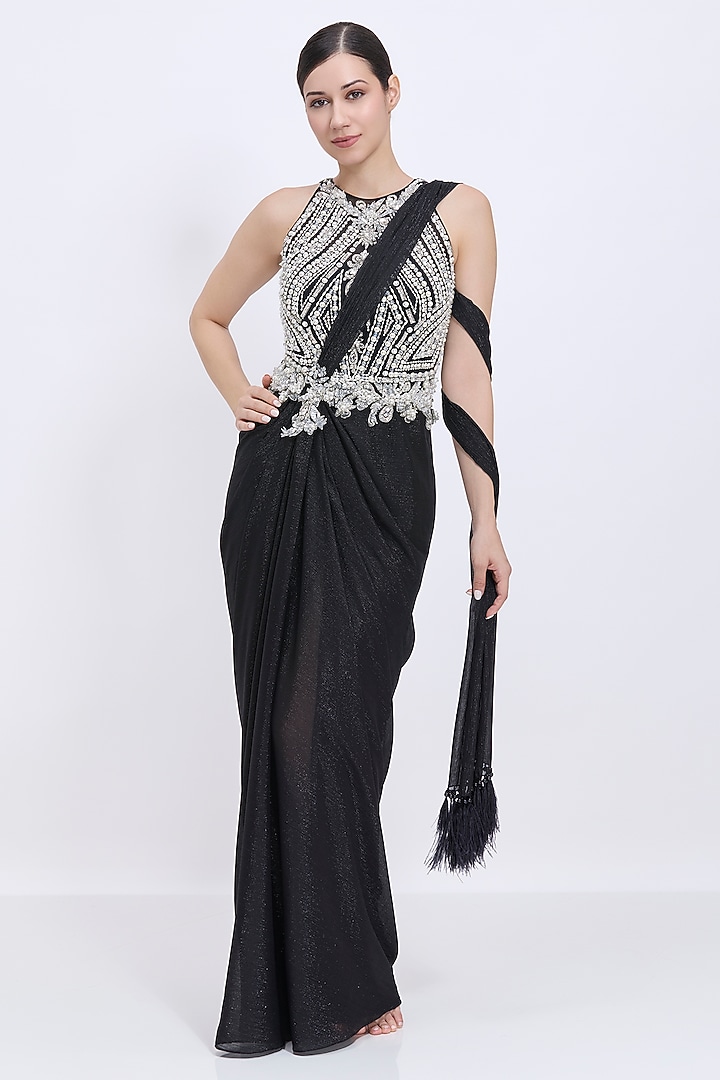 Black Polyester Satin & Stretch Lycra Draped Embroidered Wedding Saree Gown by Dilnaz Karbhary at Pernia's Pop Up Shop