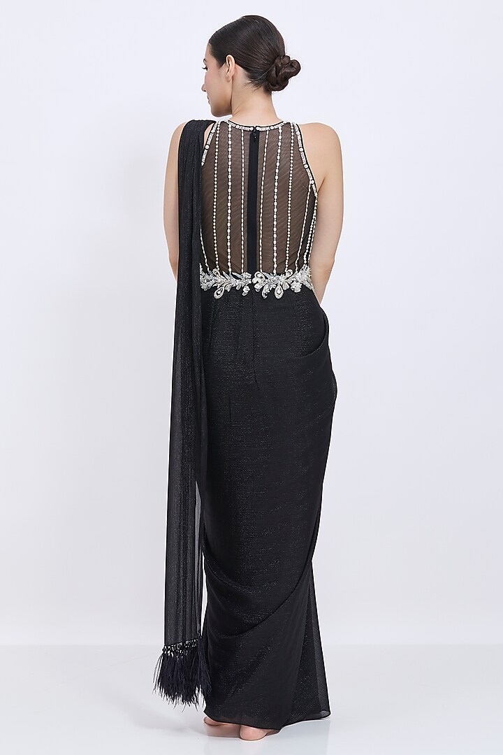 Black Polyester Satin & Stretch Lycra Draped Embroidered Wedding Saree Gown by Dilnaz Karbhary at Pernia's Pop Up Shop