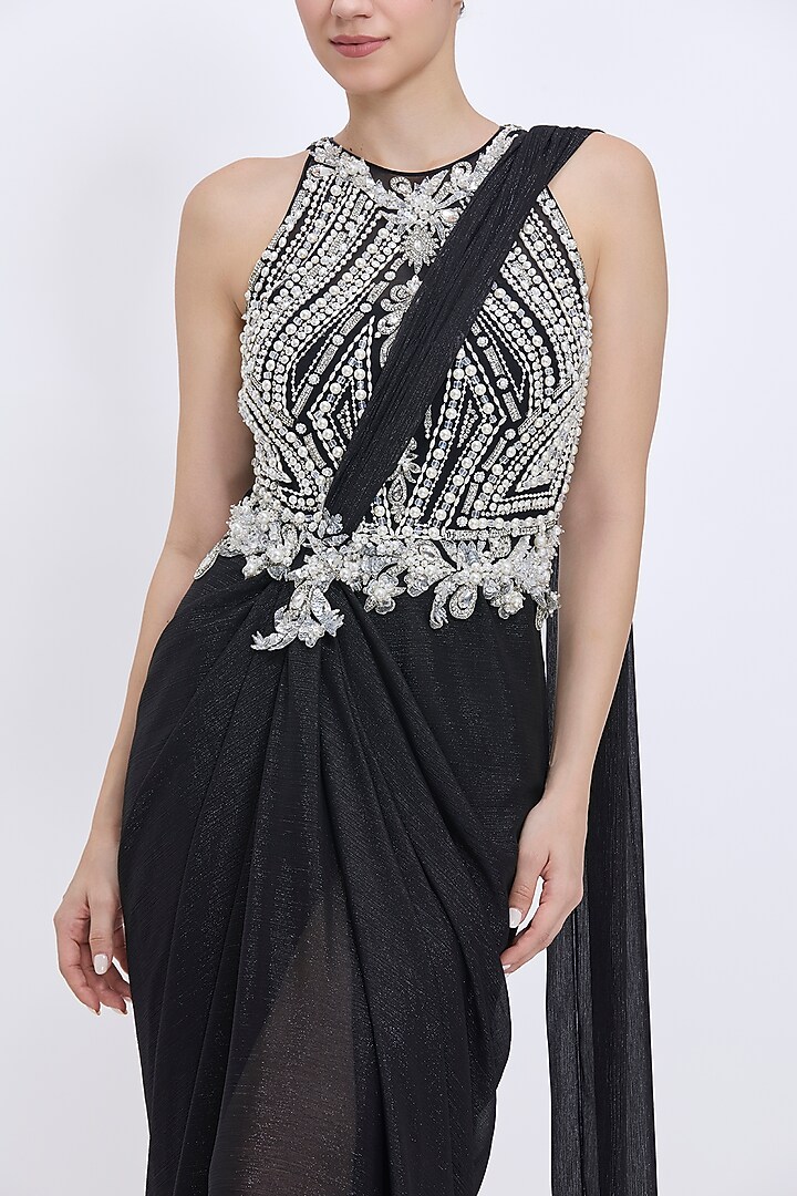 Black Polyester Satin & Stretch Lycra Draped Embroidered Wedding Saree Gown by Dilnaz Karbhary at Pernia's Pop Up Shop